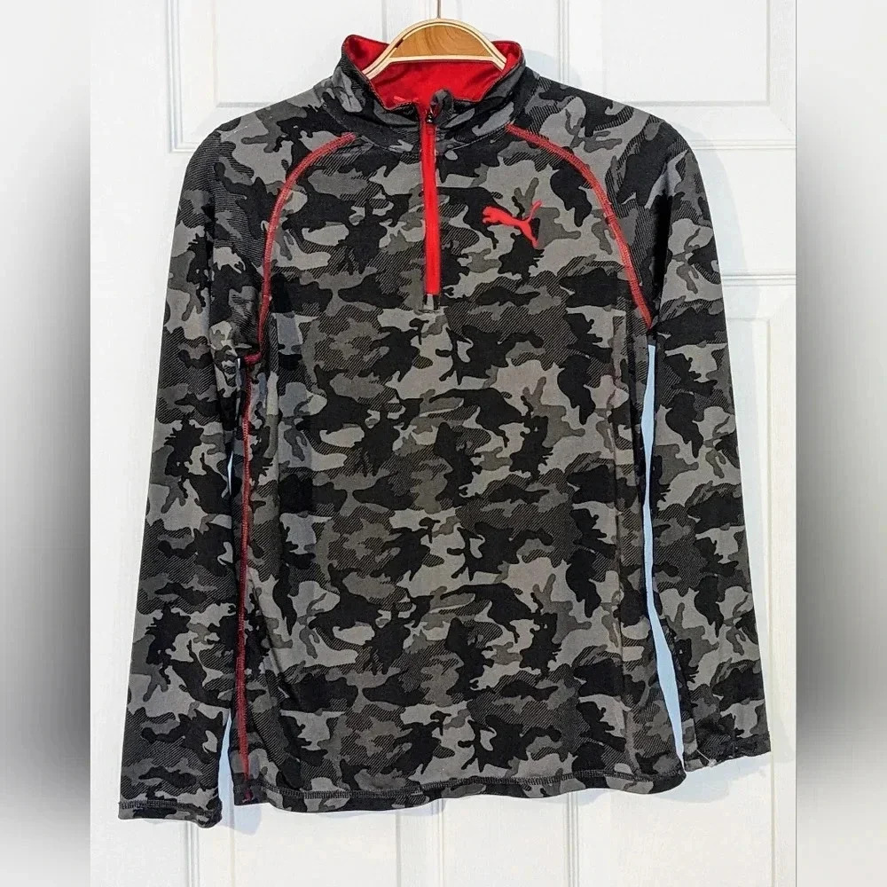 Puma Camo Quarter Zip Pullover Activewear Top Gray Red Athletic Mens